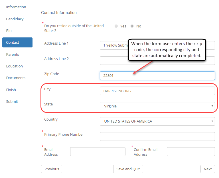 Form example with the Zip Code Look Up feature applied.