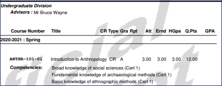 Transcript showing competencies integrated with their course section