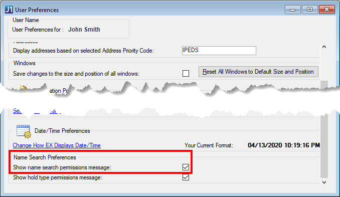 User Preferences window with Name Search Preferences option check.