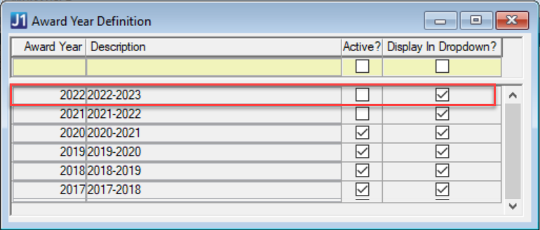 2022 Award Year Definition window.