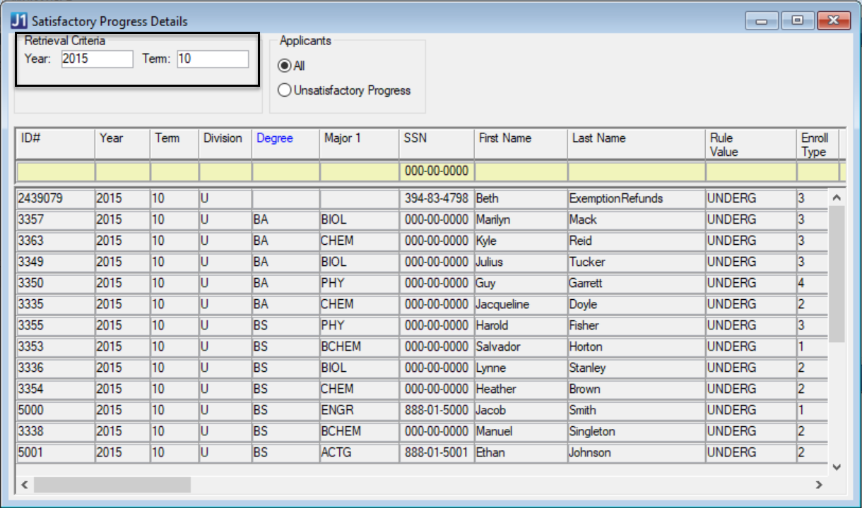 Satisfactory Progress window with Retrieval Criteria fields highlighted.