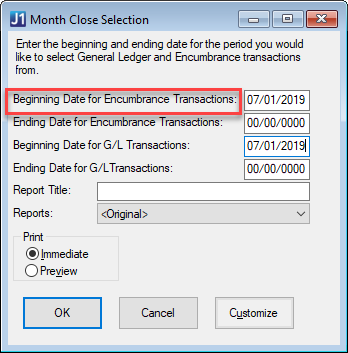 Month Close Selection window with Beginning Date section highlighted.