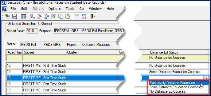 Snapshot window with Distance Ed Status column drop-down options.