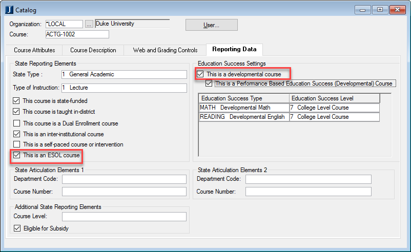 Catalog window, Reporting Data tab, 'This is a developmental course' and 'This is an ESOL course' checkboxes selected.